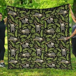 Cute Sloths Tropical Palm Leaves Black Background DHCDHC DT1910 Quilt Blanket and Home Decor