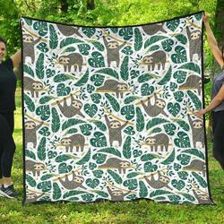 Cute Sloths Tropical Palm Leaves White Background DHCDHC DT1910 Quilt Blanket and Home Decor