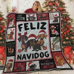 Dachshund Christmas Feliz Navidog Quilt Blanket Great Customized Blanket Gifts For Birthday Christmas Thanksgiving and Home Decor