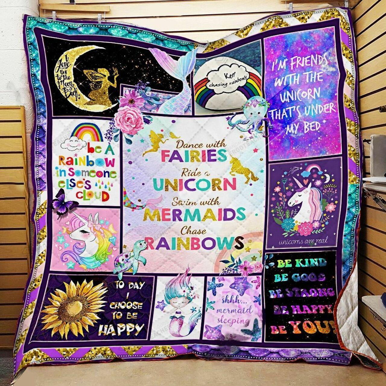 Dance With Fairies Ride A Unicorn Swim With Mermaids Chase Rainbows Quilt Blanket Great Customized Blanket Gifts For Birthday Christmas Thanksgiving and Home Decor