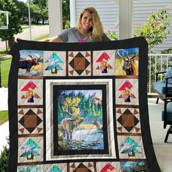 Deer By A Stream In A Forest Quilt Blanket Great Customized Blanket Gifts For Birthday Christmas Thanksgiving and Home Decor