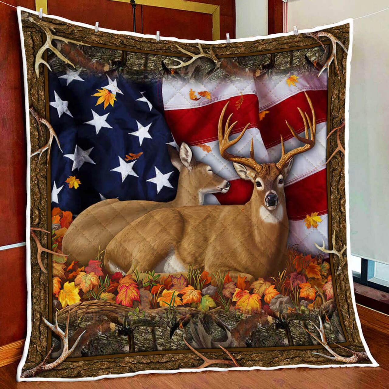 Deer Hunting American Flag Quilt Blanket and Home Decor
