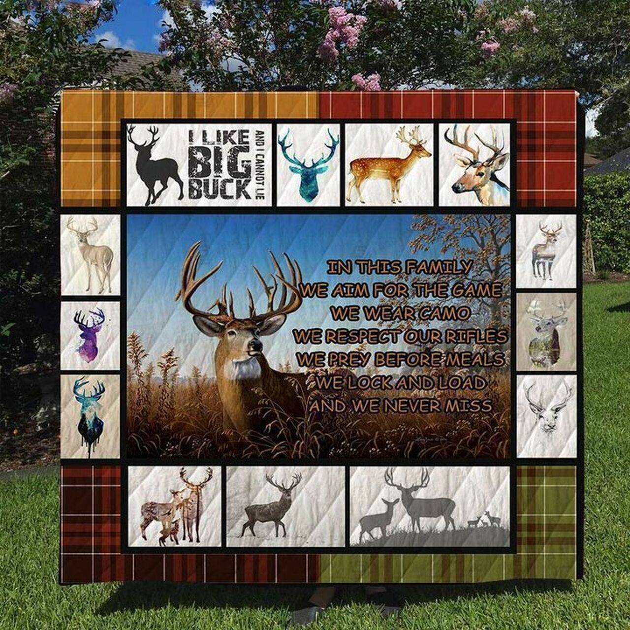 Deer In This Family We Lock And Load And We Never Miss Quilt Blanket Great Customized Blanket Gifts For Birthday Christmas Thanksgiving and Home Decor