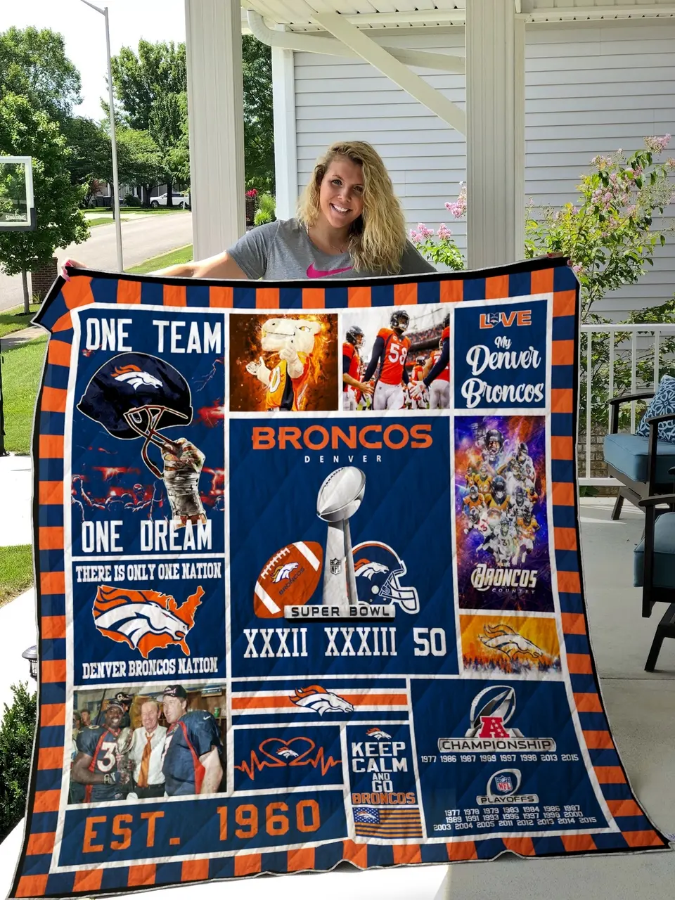 Denver Broncos Football Quilt Blanket Fan Gift and Home Decor