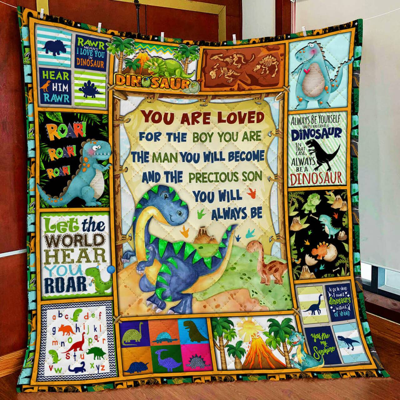 Dinosaur Boy, I Love You Quilt Blanket and Home Decor