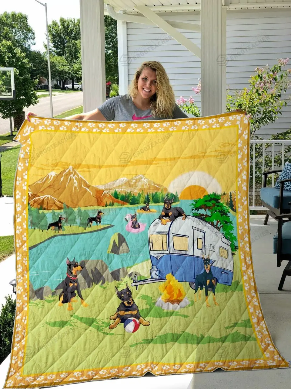 Doberman Go Camping By The River Quilt Blanket Great Customized Blanket Gifts For Birthday Christmas Thanksgiving and Home Decor
