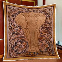 Elephant Wood Sculpture Quilt Blanket and Home Decor