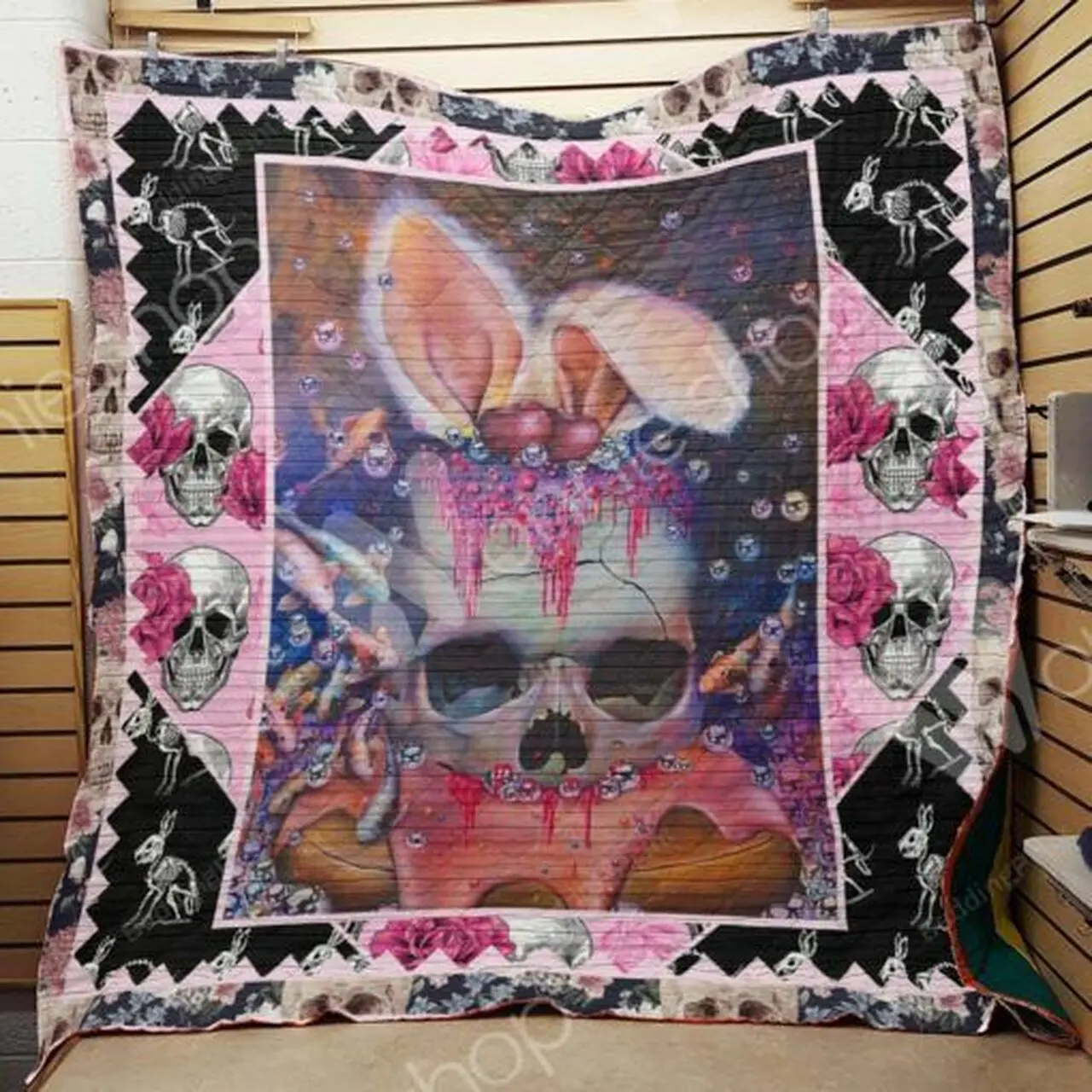 Fancy Skull Wearing Bunny Ears Quilt Blanket Great Customized Gifts For Birthday Christmas Thanksgiving Perfect Gifts For Skull Lover and Home Decor