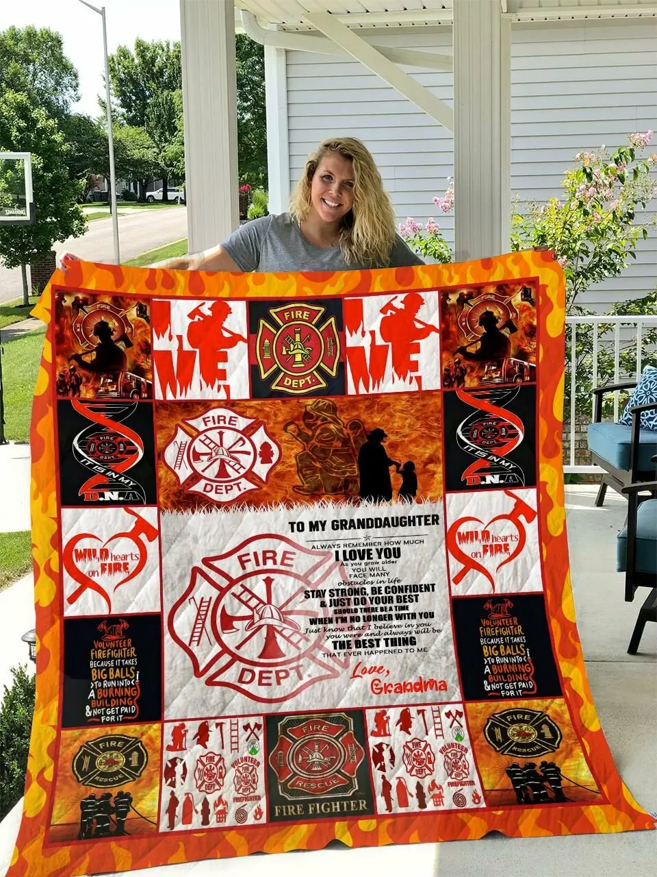 Firefighter To My Granddaughter Love Grandmom Quilt Blanket and Home Decor