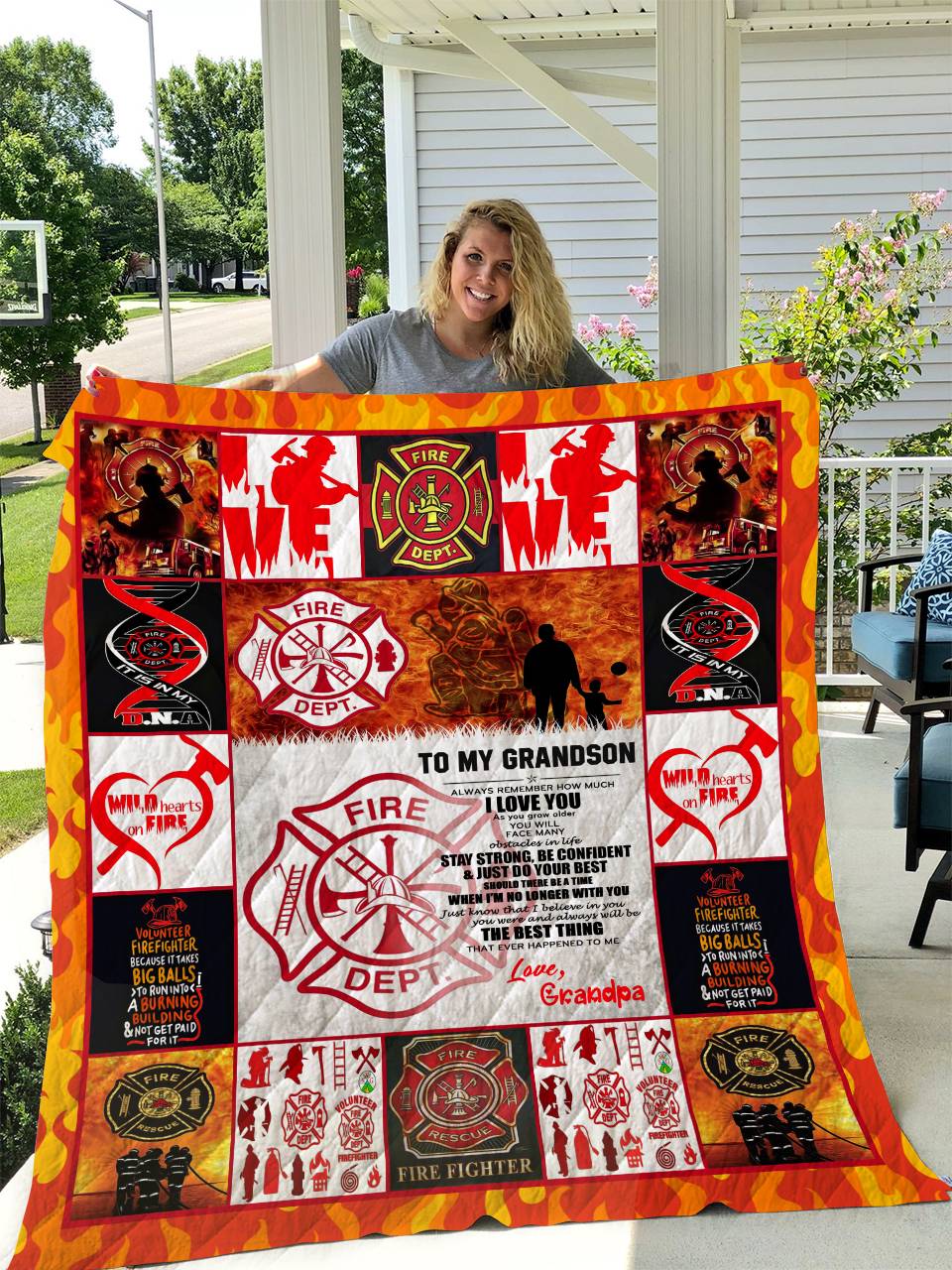 Firefighter To My Grandson Love Grandpa Quilt and Home Decor
