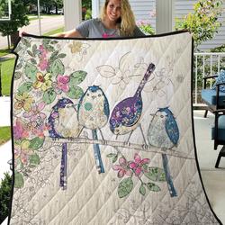 Four Blue Birds On The Tree Quilt Blanket Great Customized Blanket Gifts For Birthday Christmas Thanksgiving      and Home Decor