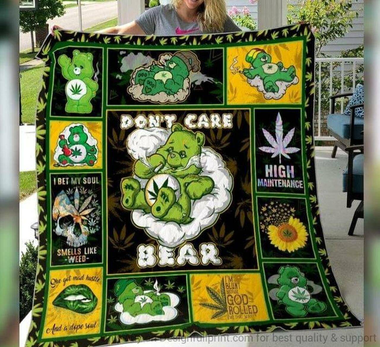 Gift For Hippie Green And Hologram Dont Care Bear Love Bud Quilt Hg and Home Decor
