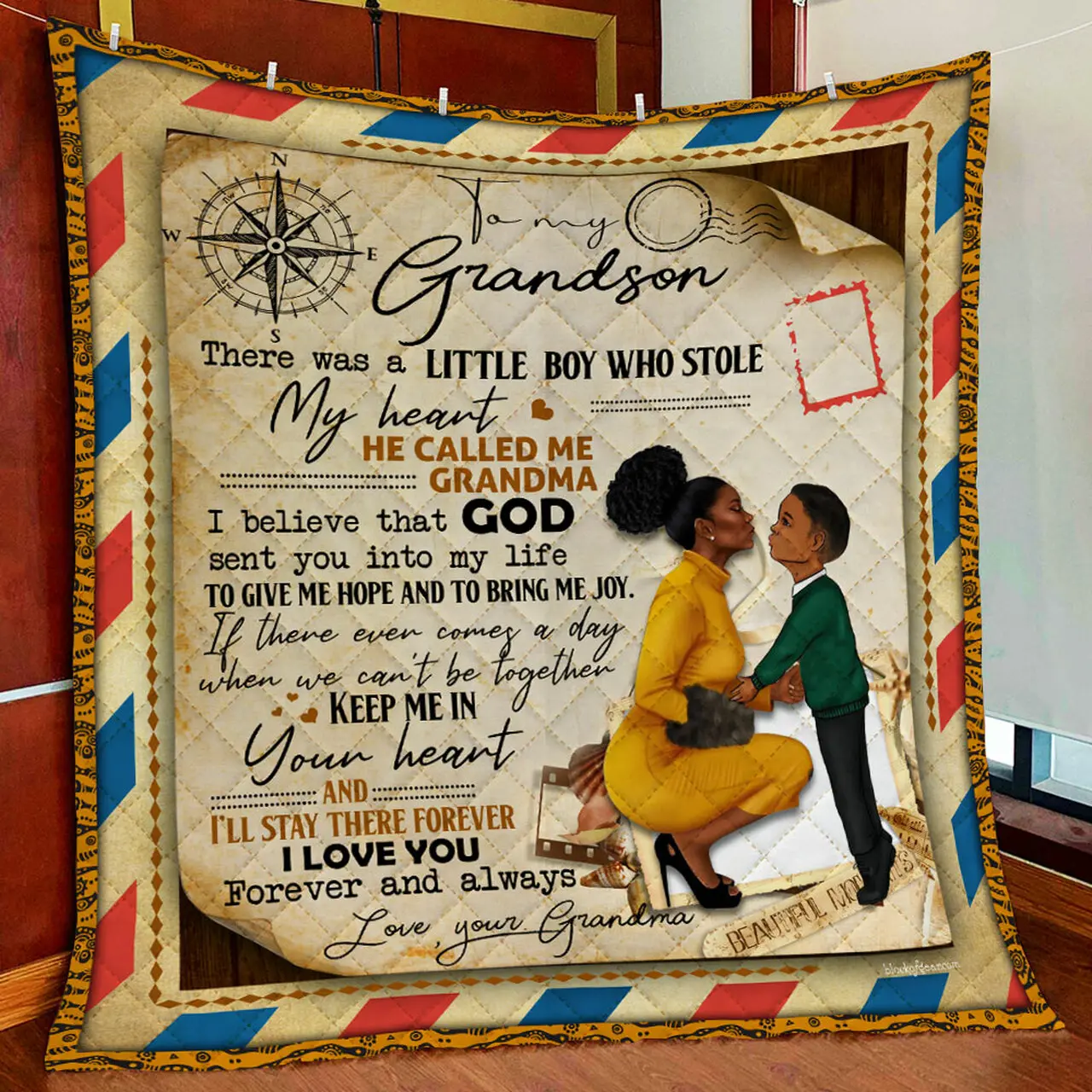 Grandma To Grandson, Black Boy Quilt Blanket and Home Decor