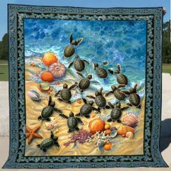 Green Turtle Hatchlings On The Beach Quilt Blanket Great Customized Blanket Gifts For Birthday Christmas Thanksgiving and Home Decor