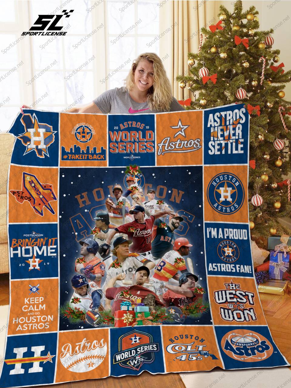 H Houston Astros Lg Christmas Quilt Blanket and Home Decor