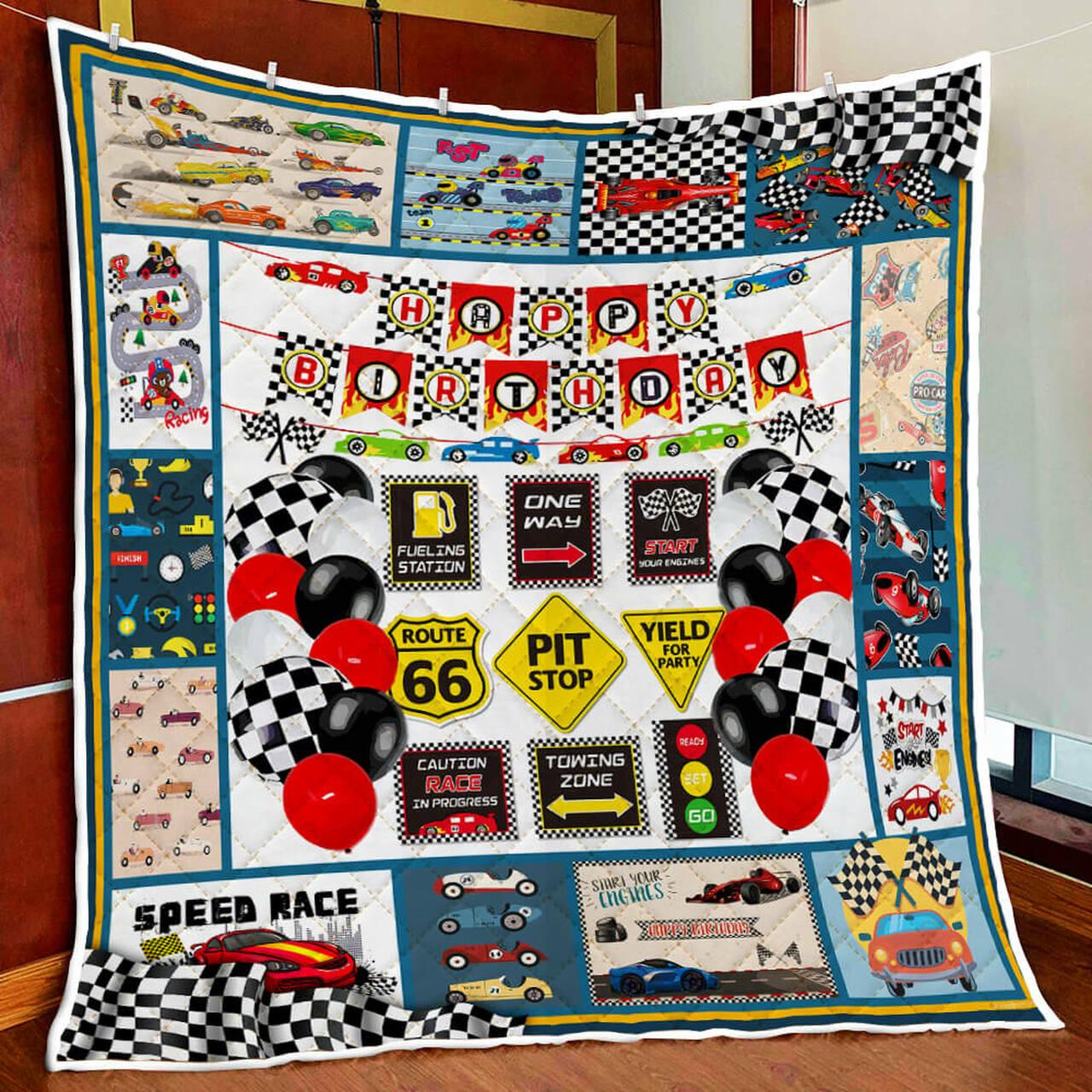 Happy Birthday Racing Boy Quilt Blanket and Home Decor