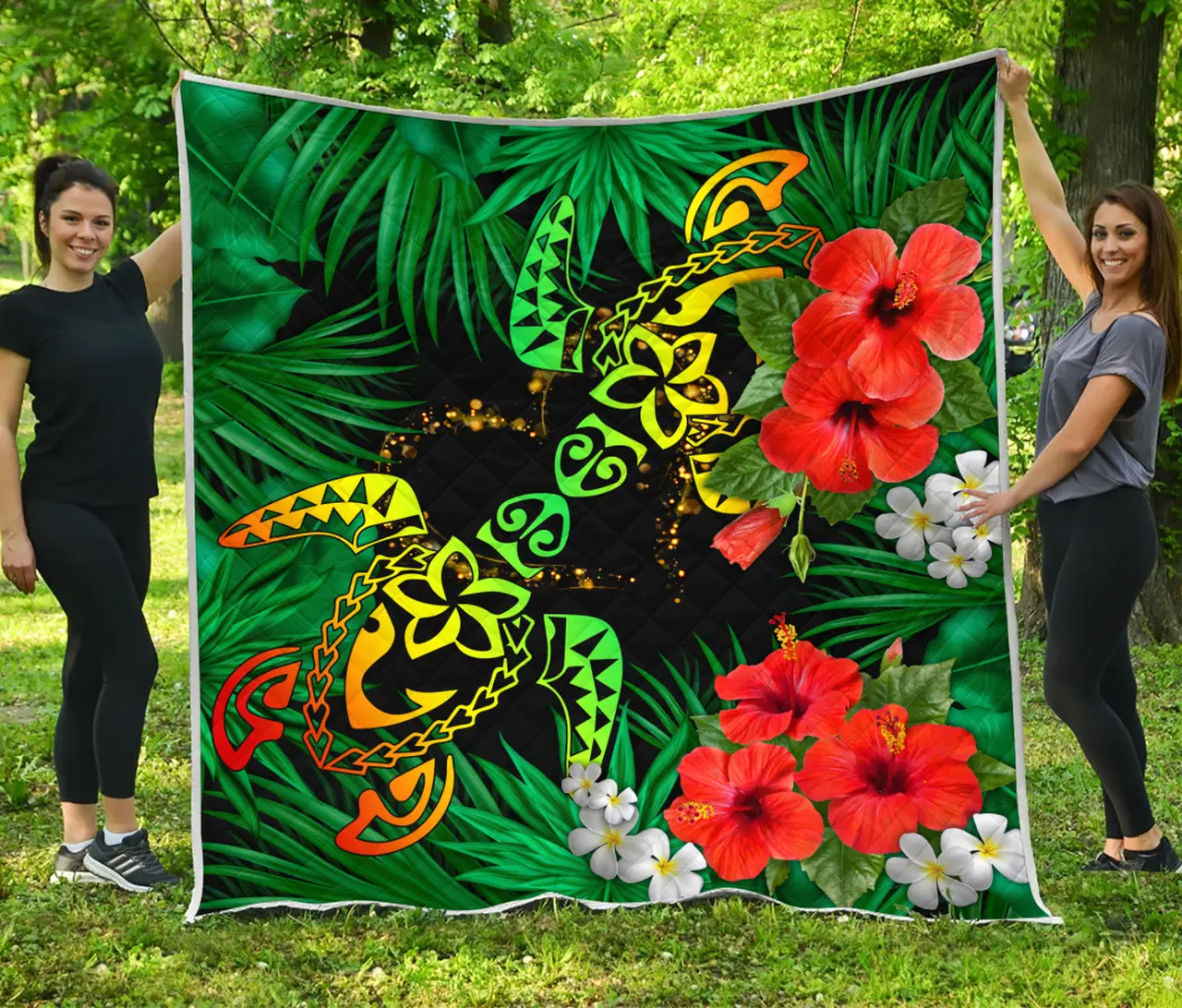 Hawaii Couple Turtle Hibiscus Tropical Valentine Quilt and Home Decor