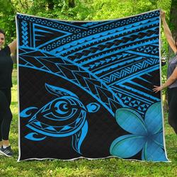 Hawaiian Turtle Kakau Plumeria Polynesian Blue Quilt and Home Decor