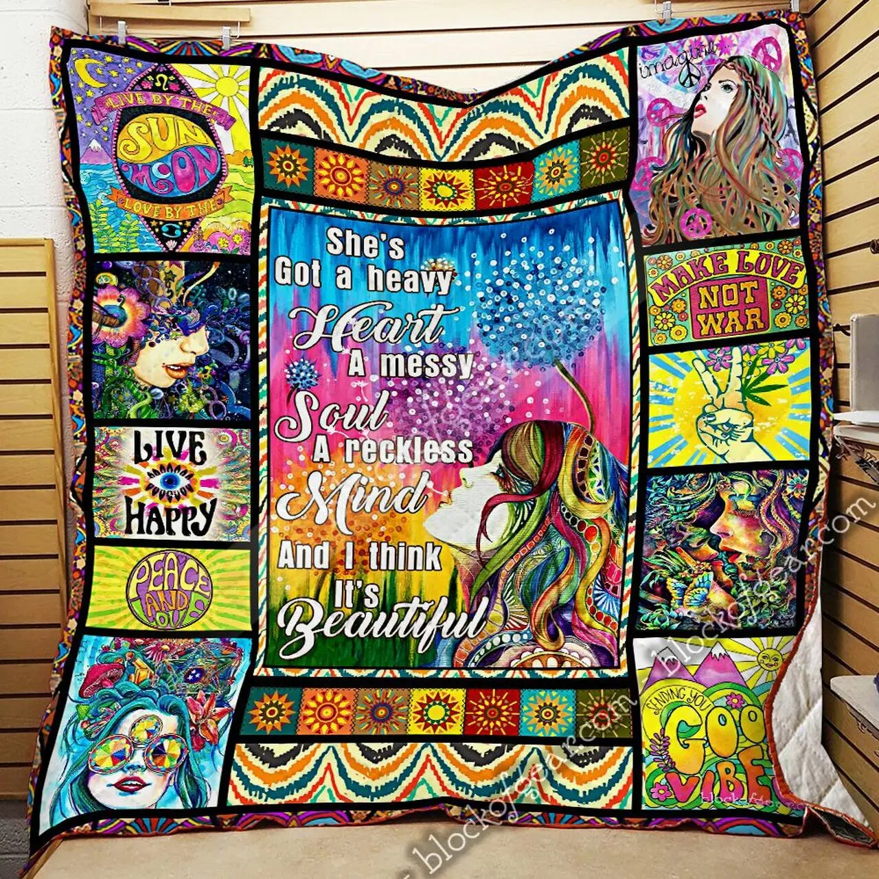 Hippie Girl, She’S Got A Heavy Heart Quilt Blanket and Home Decor