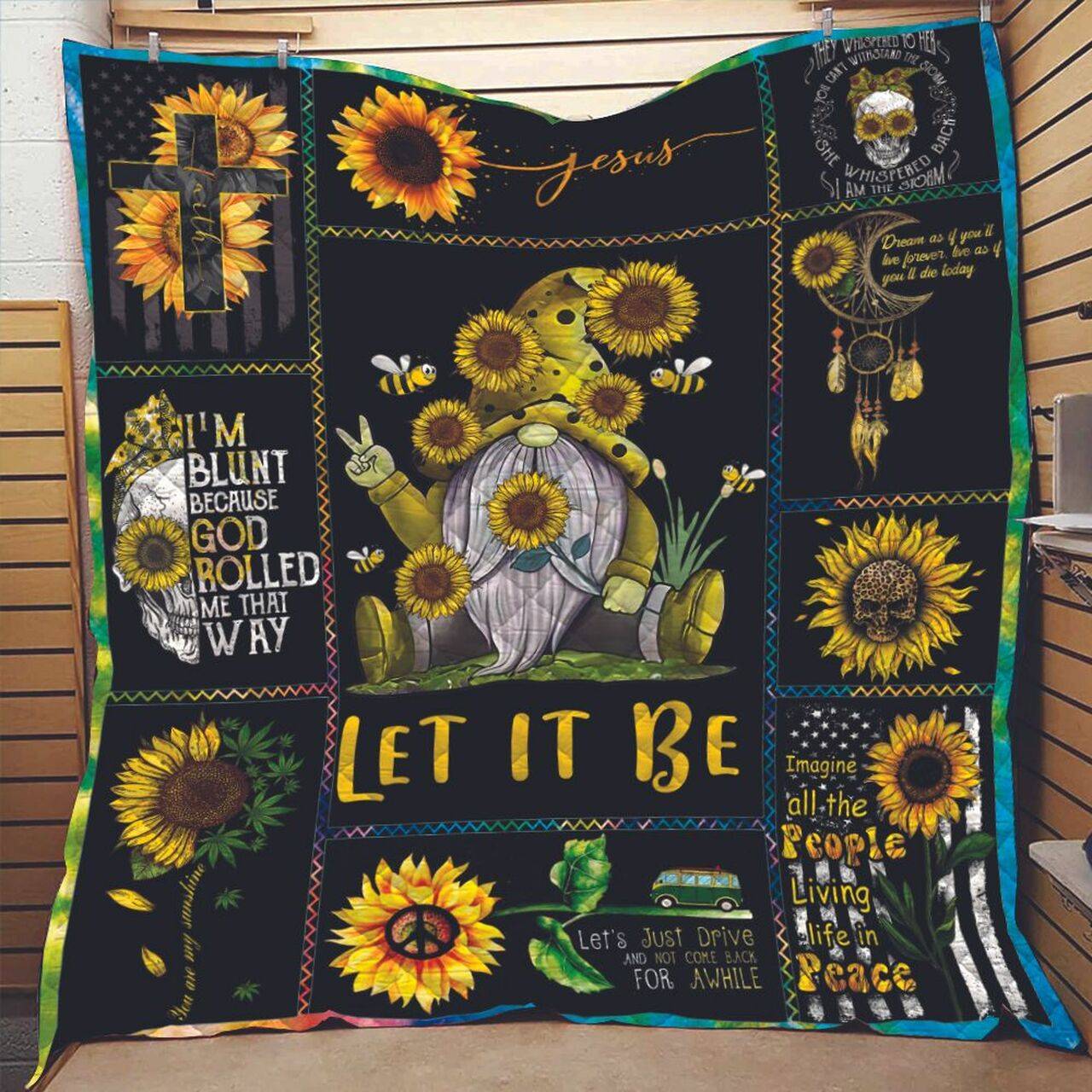 Hippie Gnome With Sunflowers And Bees Let It Be Quilt and Home Decor