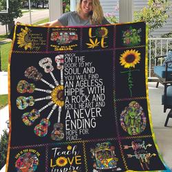 Hippie Groovy Flowers Guitars Knock On The Door To My Soul And You Will Find An Ageless Hippie With A Roch And Roll Heart And A Never Ending Hope For Peace Quilt and Home Decor