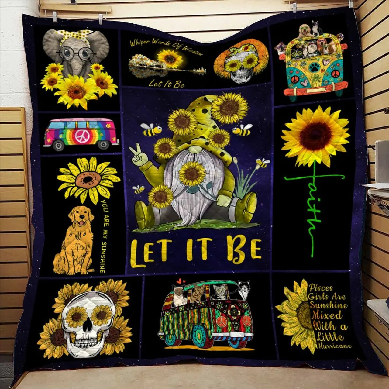 Hippie Let It Be Gnome Sunflower Quilt and Home Decor