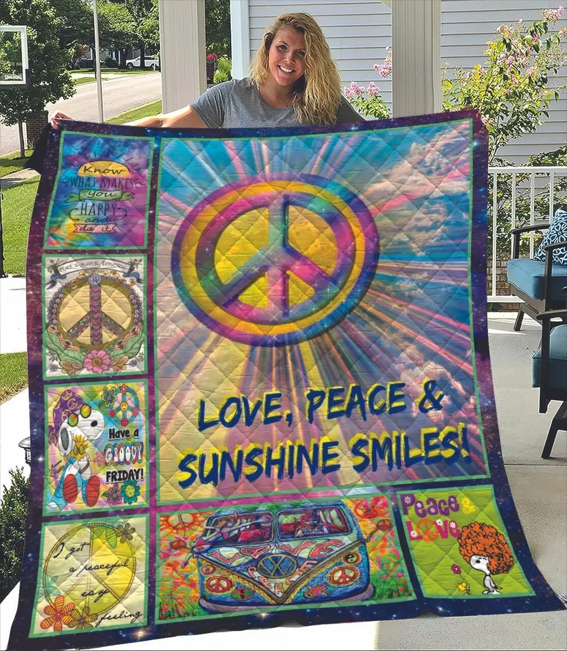 Hippie Peace Symbol With Tie Dye Color Love Peace And Sunshine Smile Quilt and Home Decor