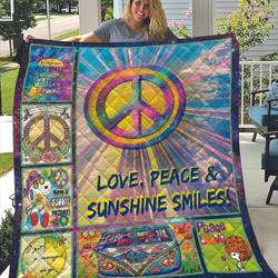 Hippie Peace Symbol With Tie Dye Color Love Peace And Sunshine Smile Quilt and Home Decor