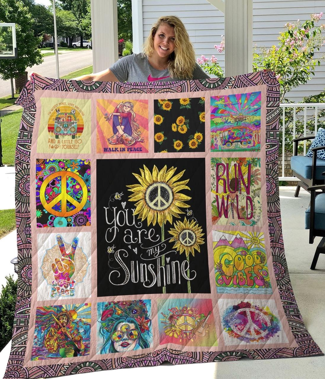 Hippie Sunflower Walk In Peace Quilt Blanket Great Customized Gifts For Birthday Christmas Thanksgiving Perfect Gifts For Sunflower Lover and Home Decor