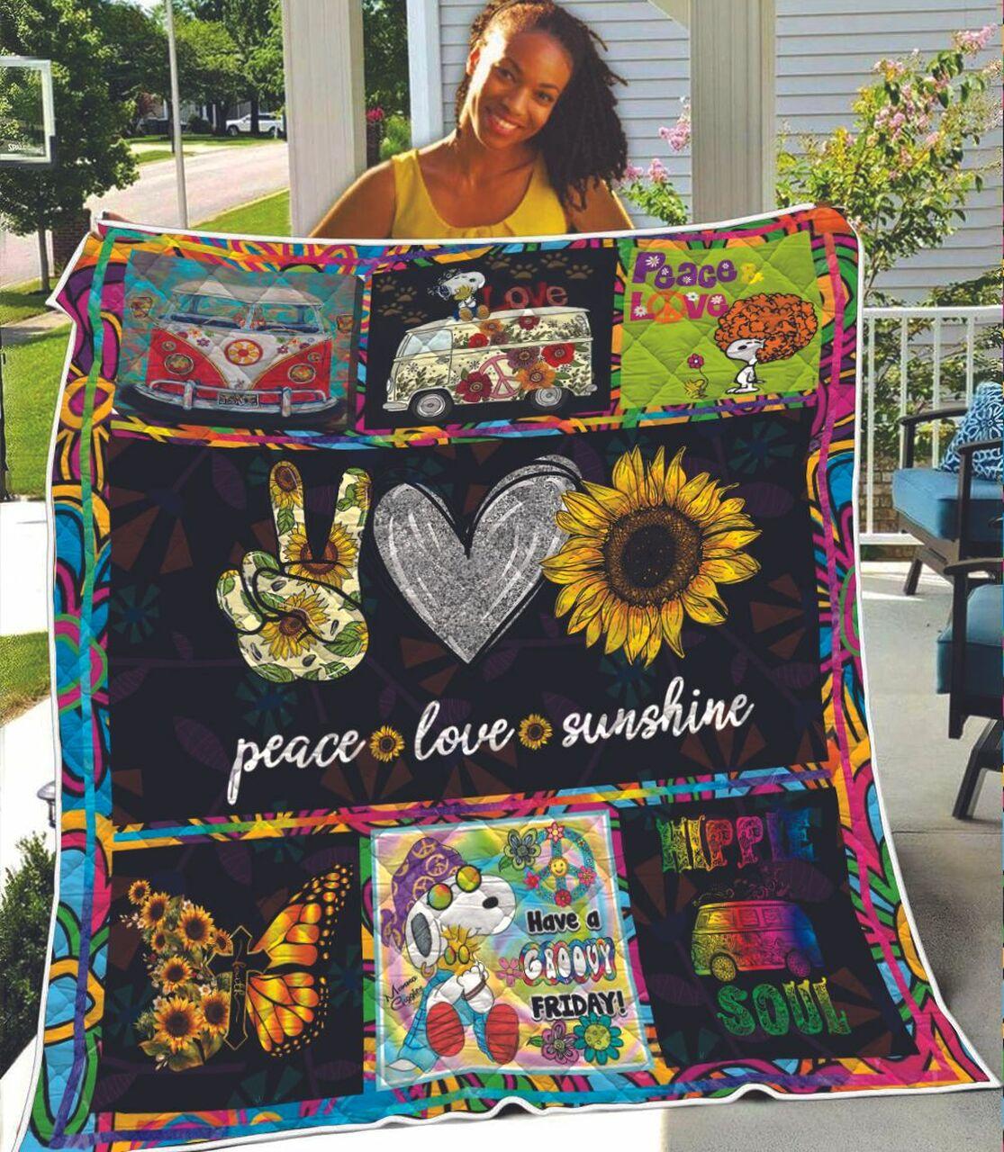 Hippie Symbol Hand Heart And Sunflower Peace Love And Sunshine Quilt and Home Decor