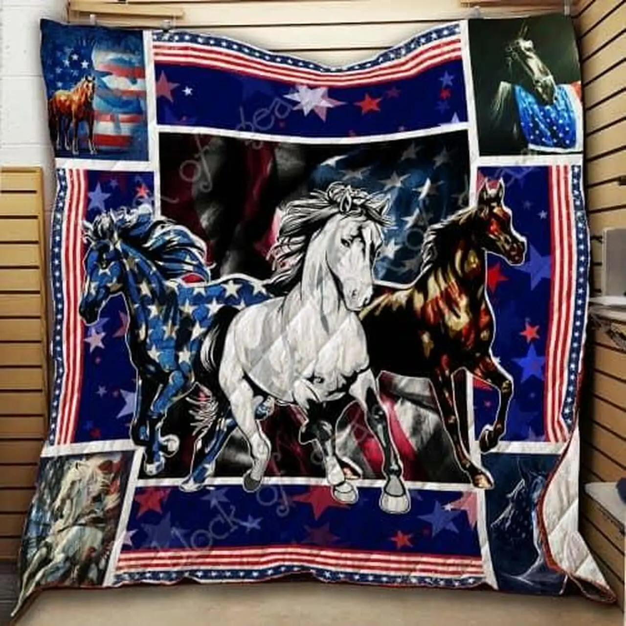 Horses With American Flag Quilt Thh879 Quilt and Home Decor