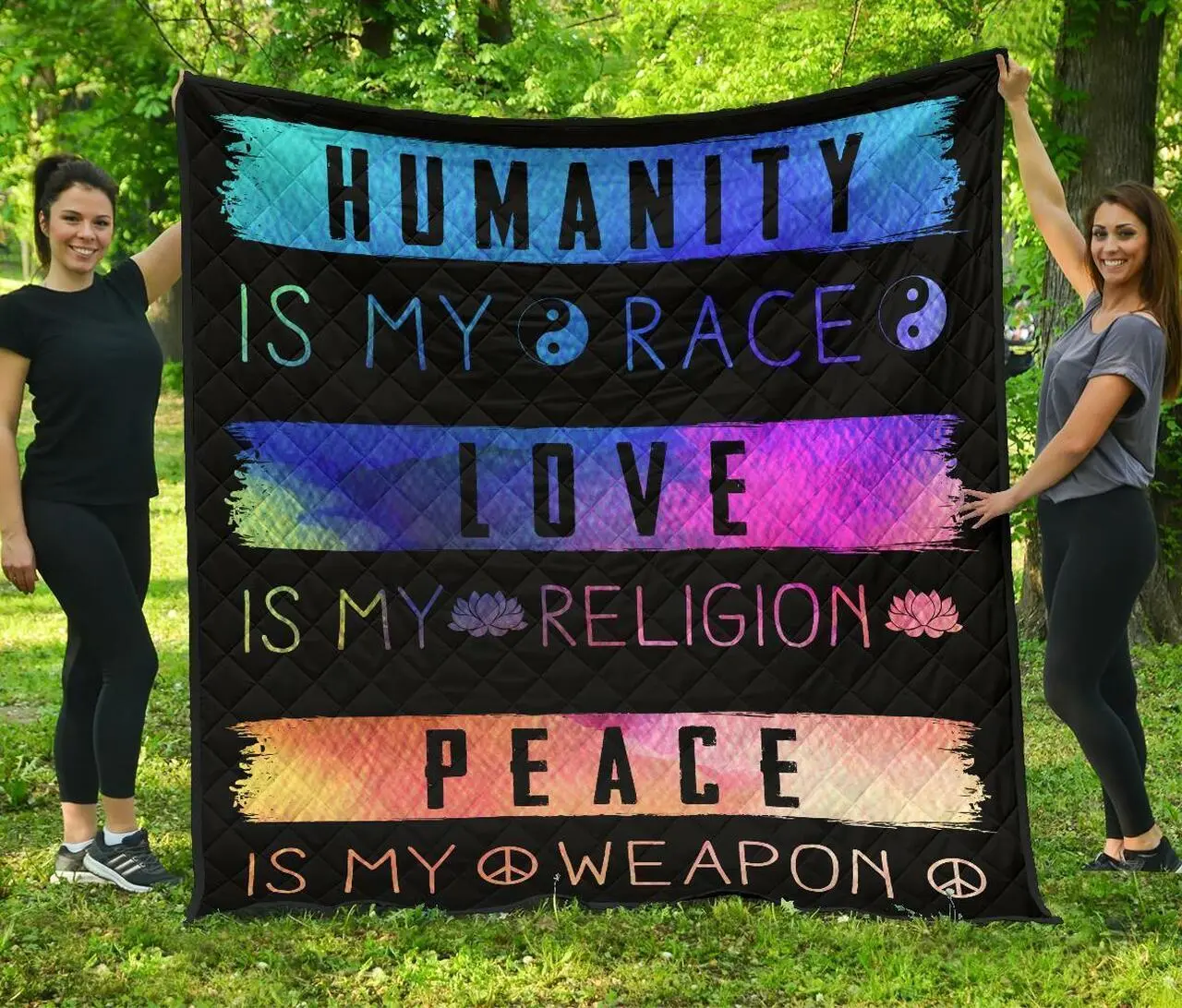 Humanity Is My Race Love And Peace Hippie Gift Idea Quilt and Home Decor