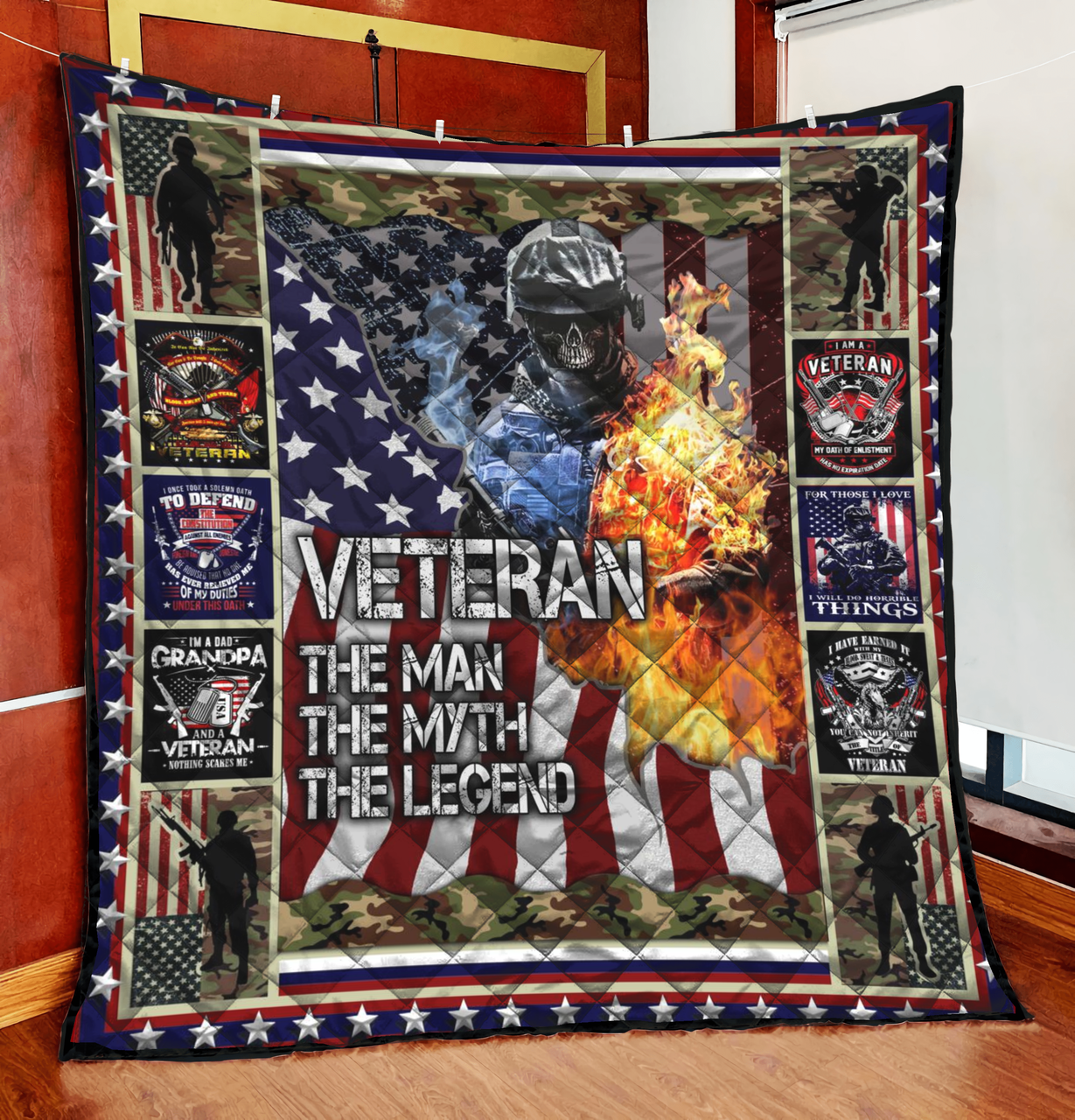 I Am A Dad Grandpa And Veteran | Veteran Quilt | US Military Blanket Quilt | Gift for Veteran and Home Decor