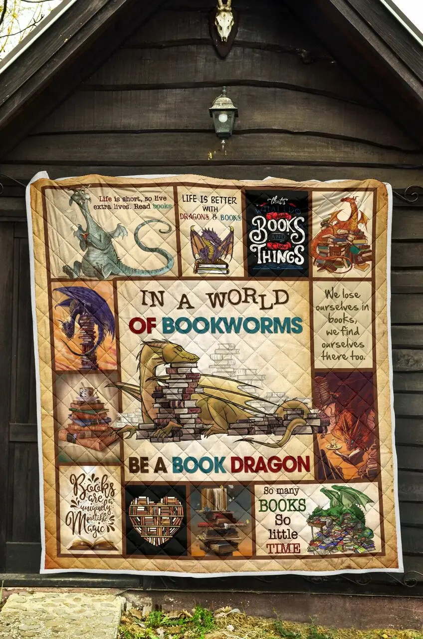 In A World Of Bookworms Be A Book Dragon Full Over Printed Quilt Maria and Home Decor