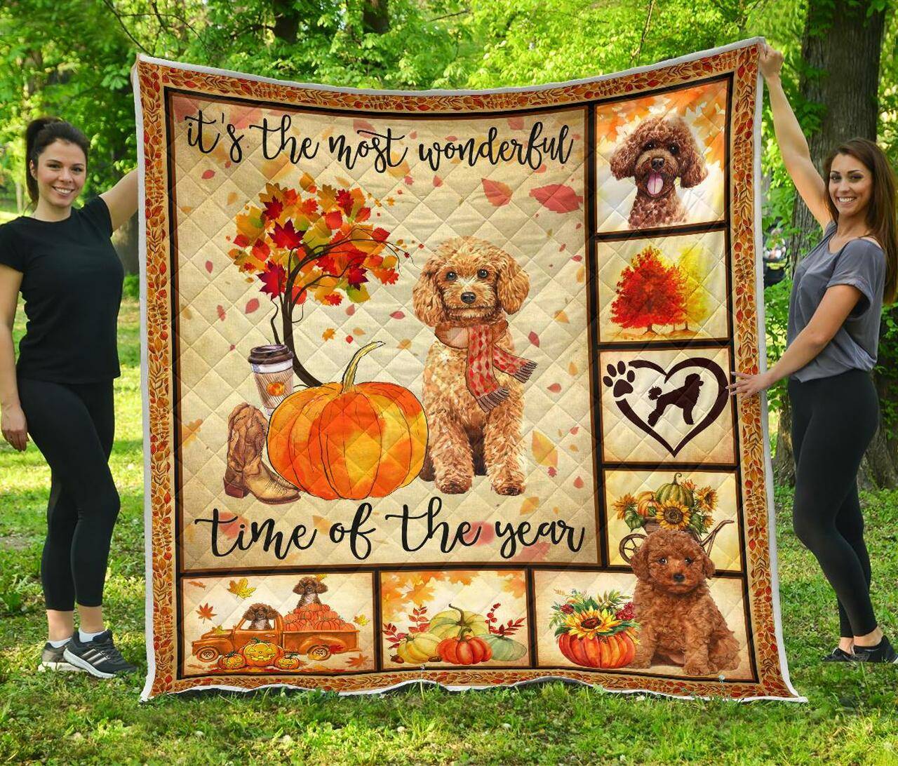 ItS The Most Wonderful Time Of The Year Fall Poodle Premium Quilt Quilt and Home Decor