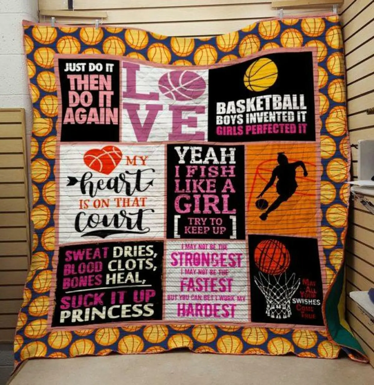 Just Do It Then Do It Again Basketball Quilt Blanket Quilt and Home Decor