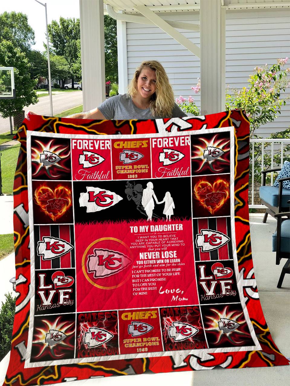 Kansas City Chiefs To My Daughter Love Mom Quilt Blanket and Home Decor