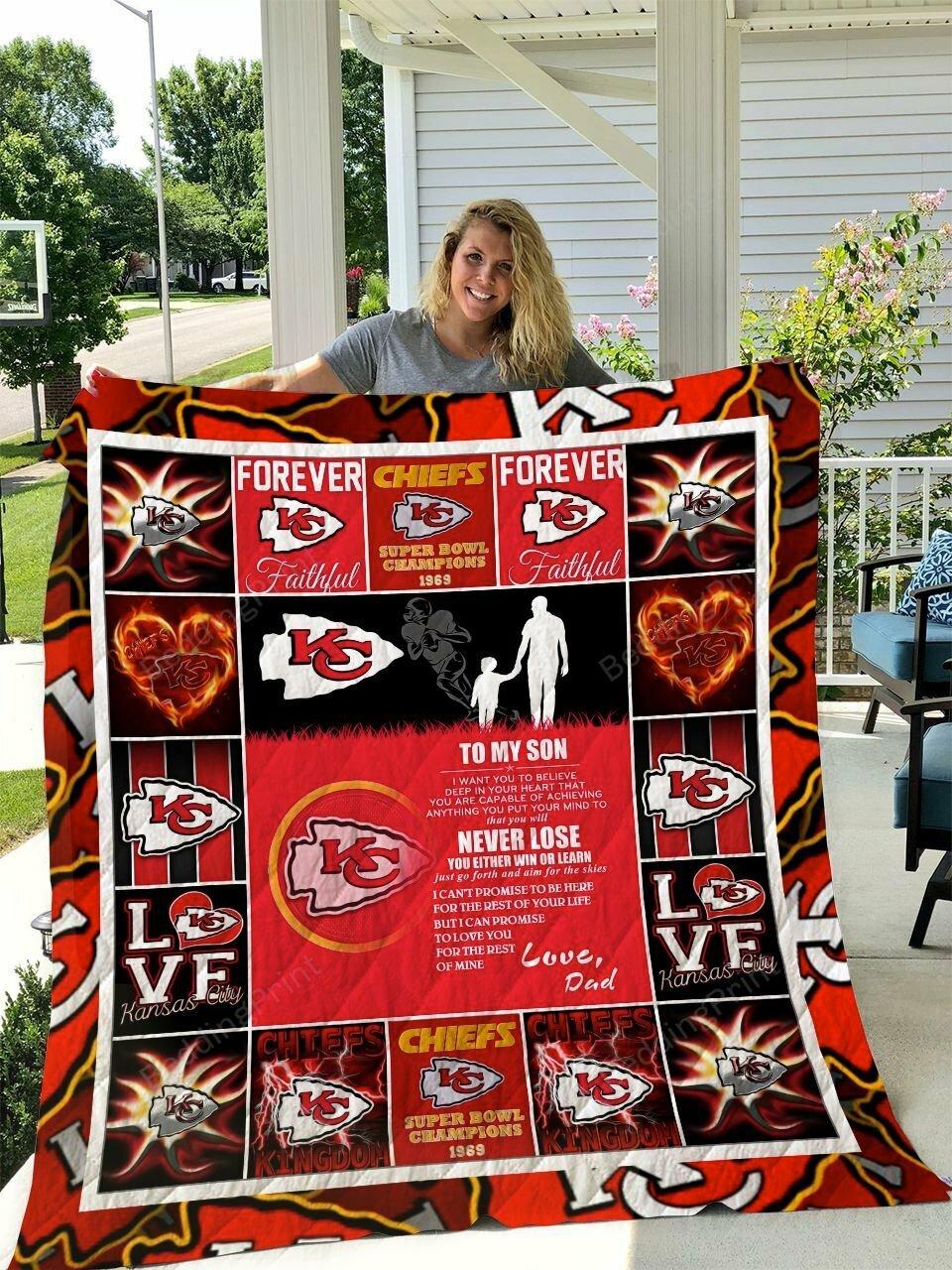 Kansas City Chiefs To My Son Love Dad Quilt Blanket and Home Decor