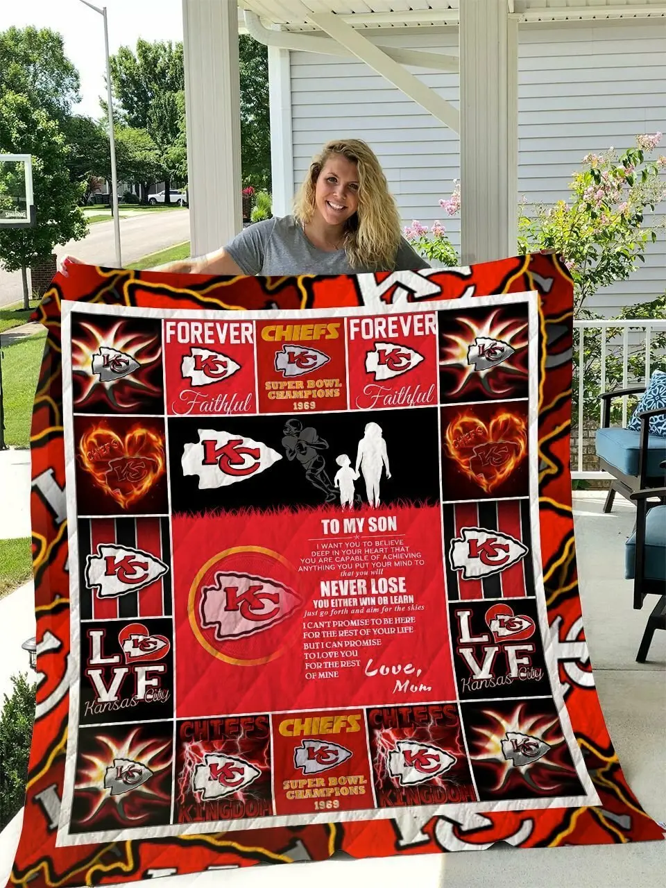 Kansas City Chiefs To My Son Love Mom Quilt Blanket and Home Decor