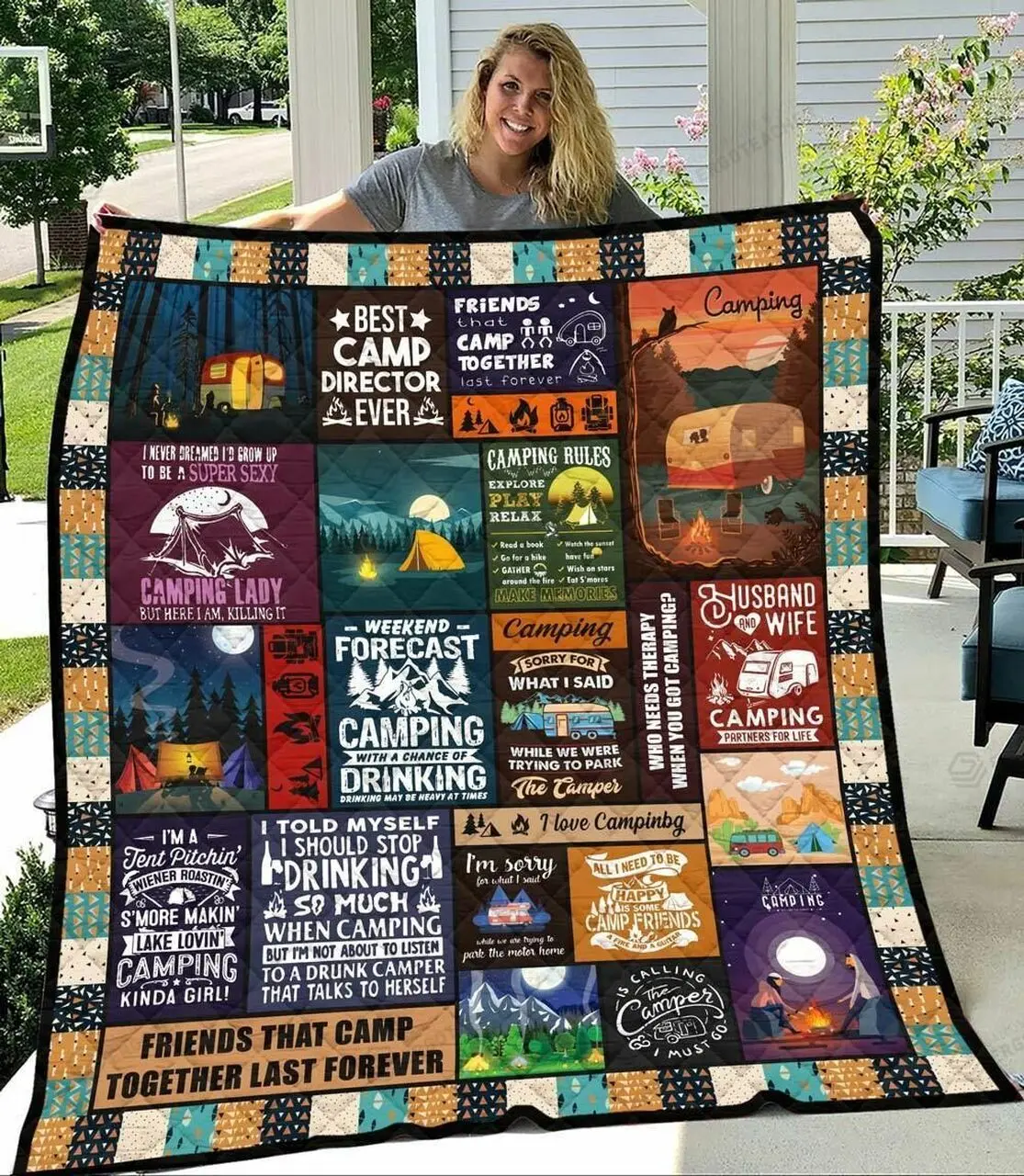 Lets Go Camping With My Friend Hippie Style Quilt Blanket Great Customized Blanket Gifts For Birthday Christmas Thanksgiving and Home Decor
