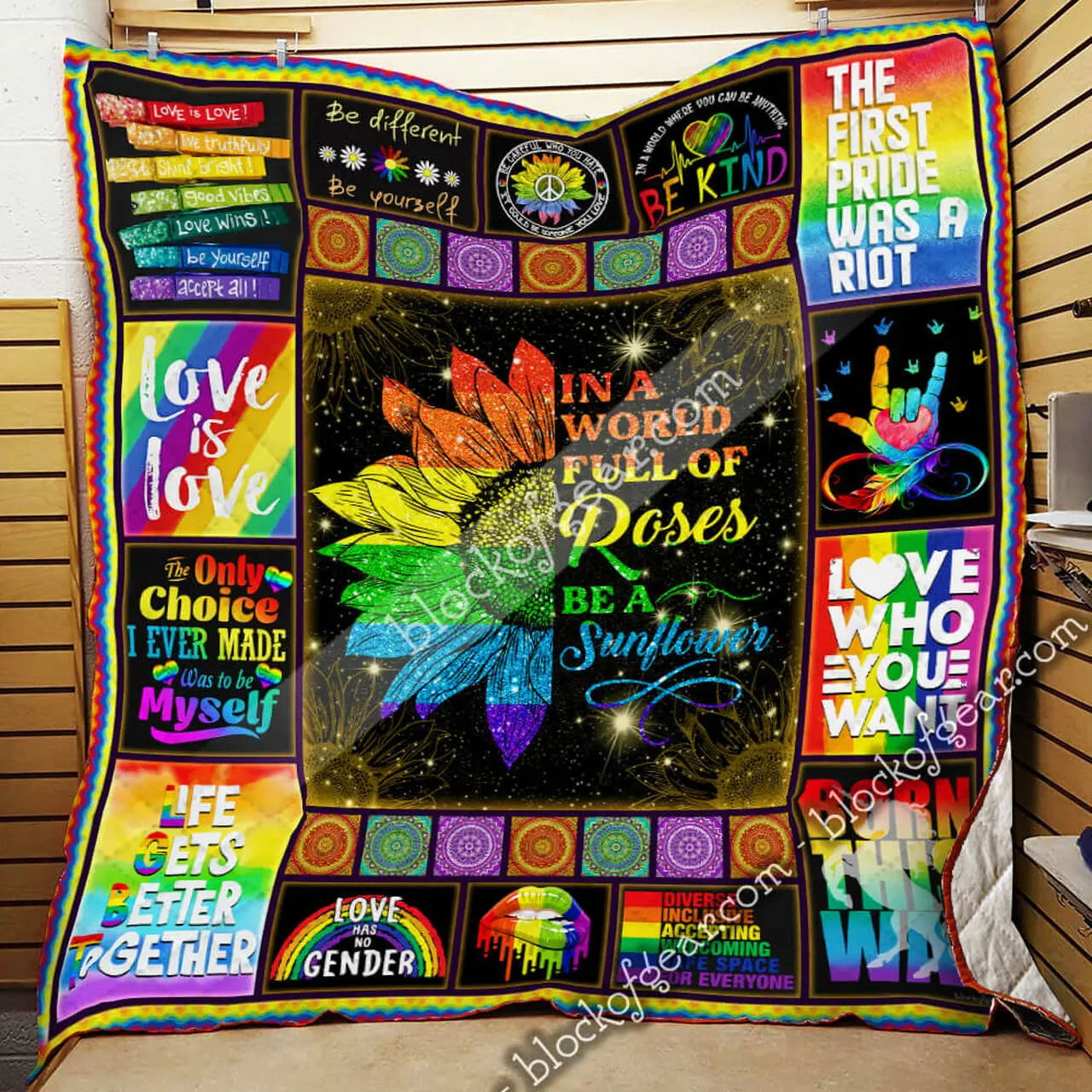 Lgbt Pride, In A World Full Of Roses Be A Sunflower Quilt Blanket and Home Decor