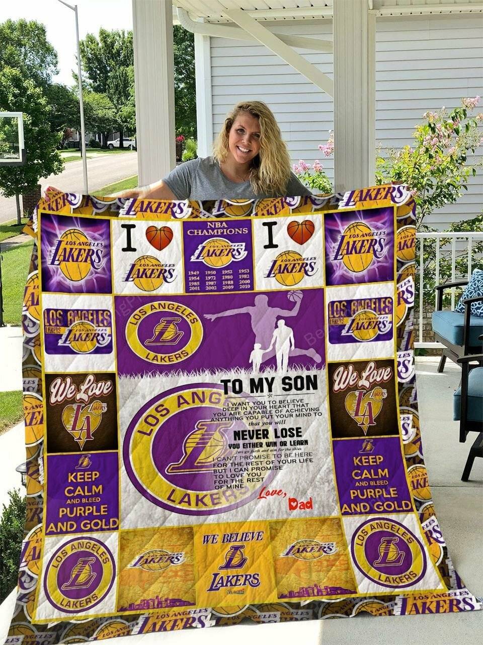 Los Angeles Lakers To My Son Love Dad Quilt Blanket and Home Decor