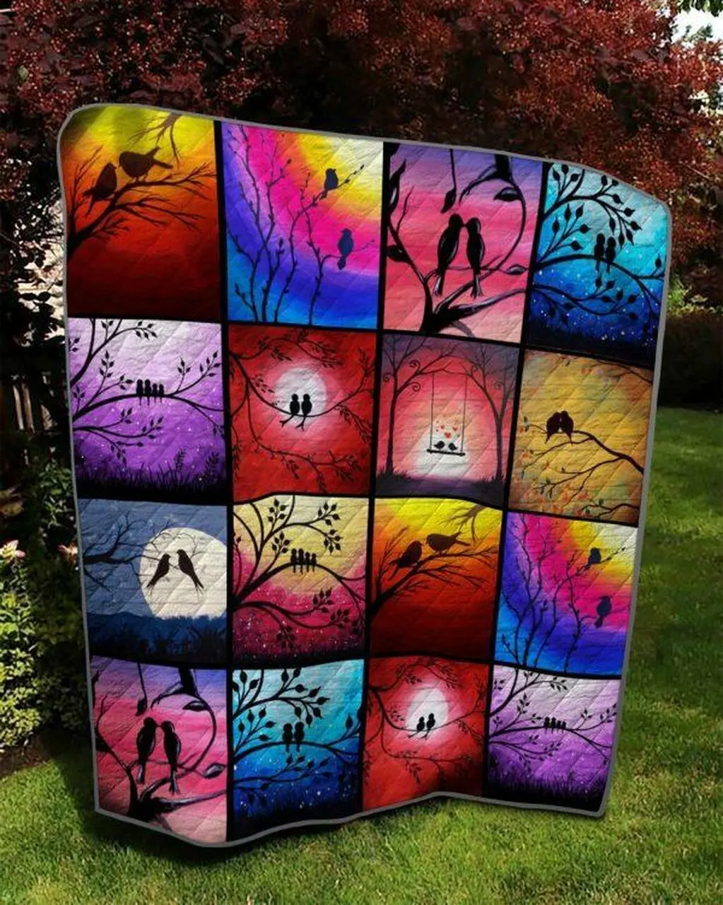 Love Couple Bird On The Tree Quilt Blanket Quilt and Home Decor