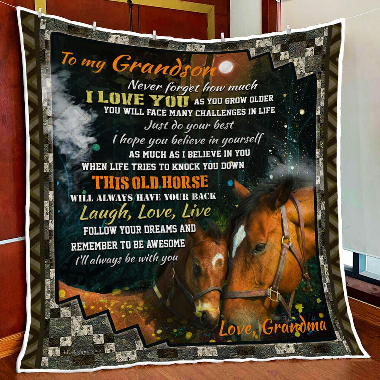 Love Horse Grandson, Love Grandma Quilt Blanket and Home Decor