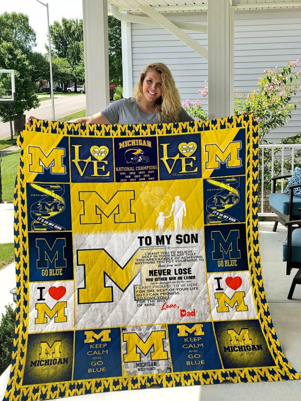 Michigan Wolverines To My Son Love Dad Quilt Blanket and Home Decor