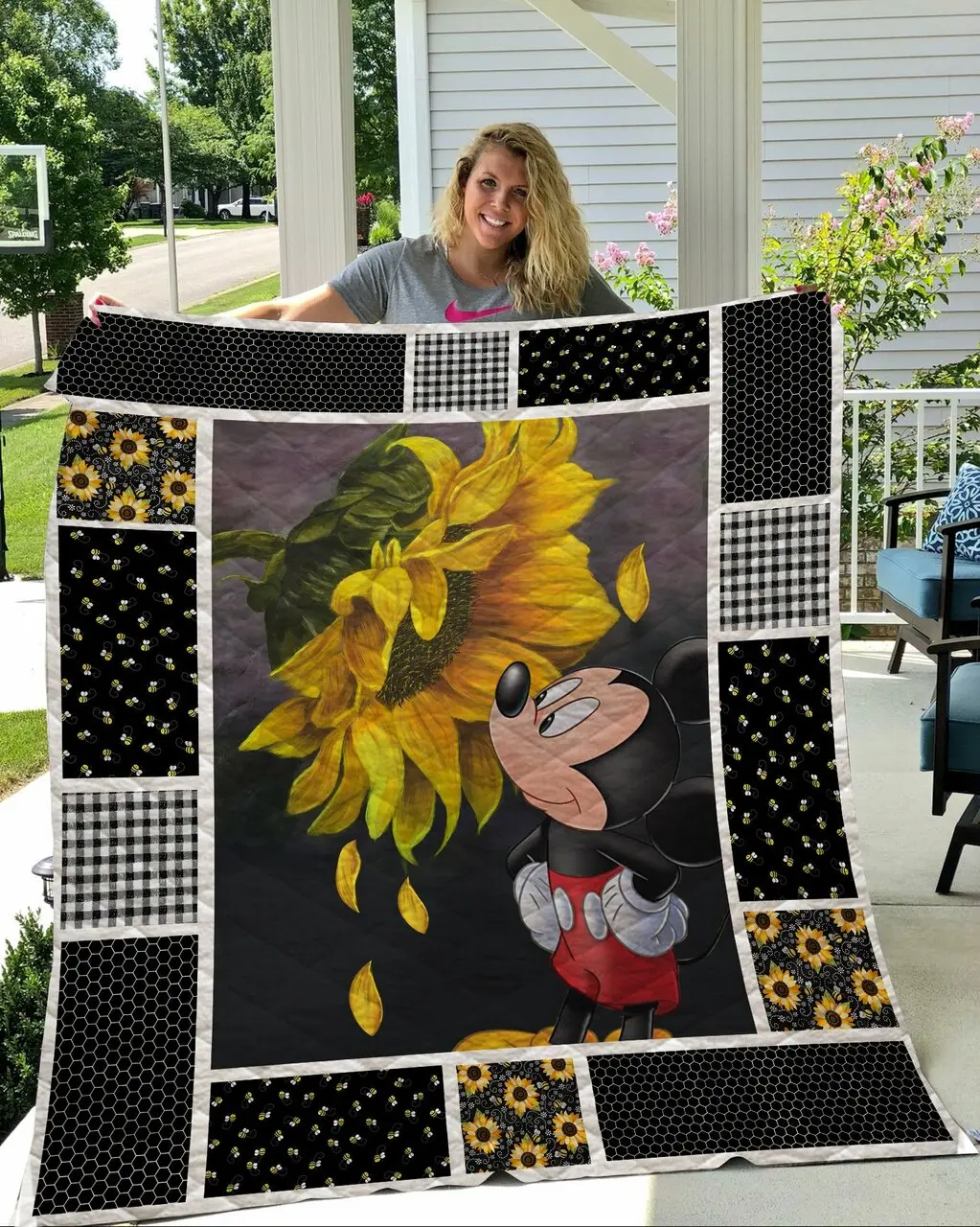 Mickey Mouse With Sunflowers Quilt Quilt and Home Decor