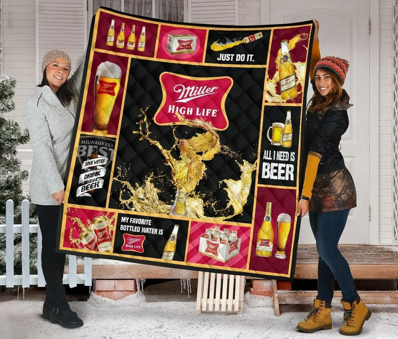 Miller High Life All I Need Is Beer Gift Idea Quilt and Home Decor