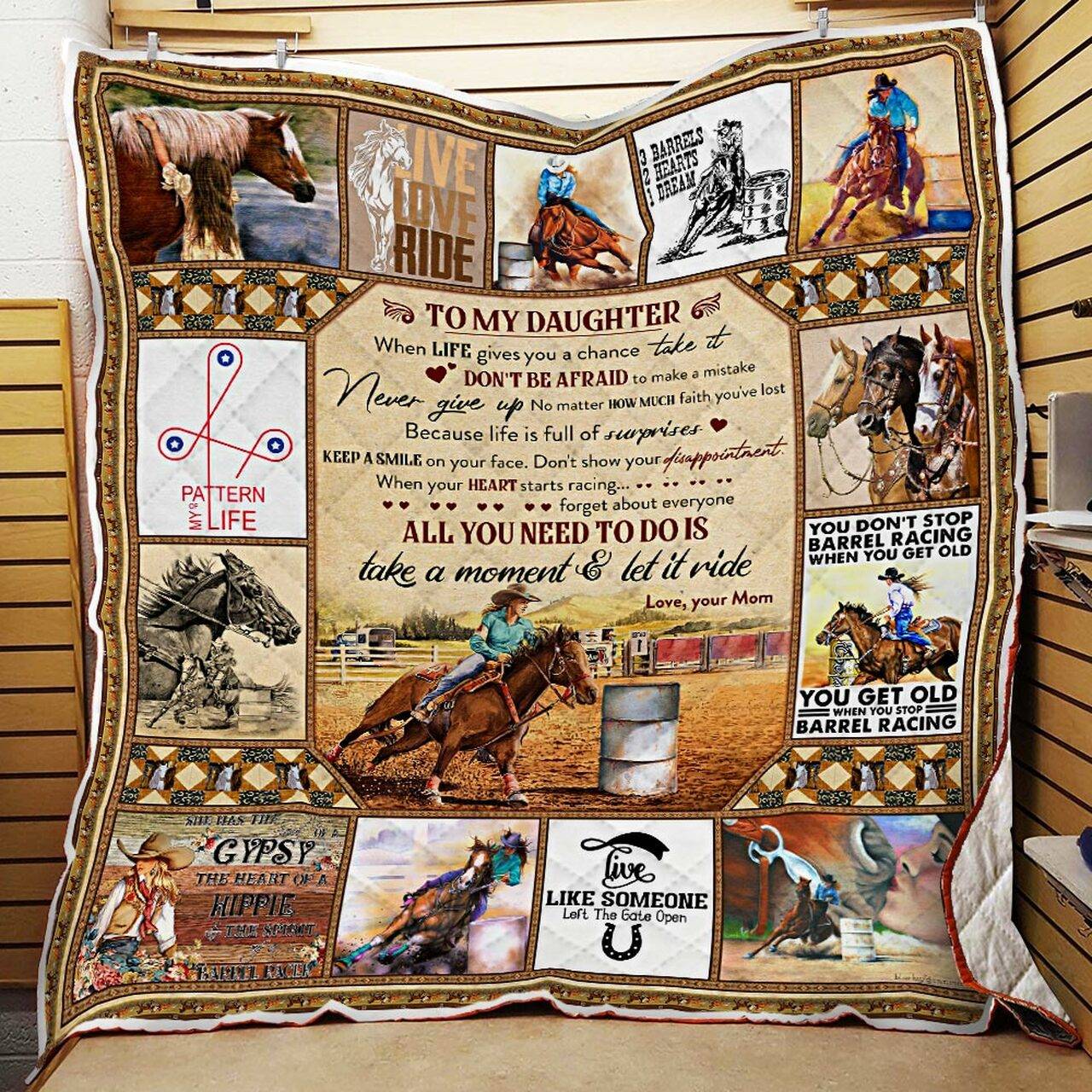 Mom To Daughter, Take A Moment & Let It Ride, Barrel Racing Quilt Blanket and Home Decor