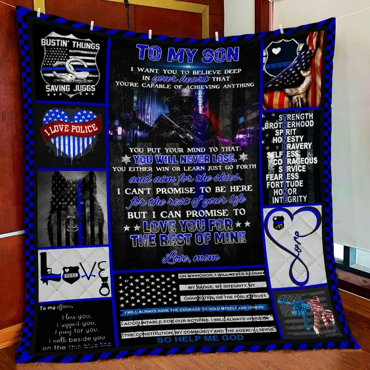 Mom To Son Police Officer Quilt Blanket and Home Decor