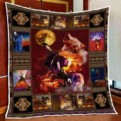 Moon Wolf Native American Inspired Quilt Blanket and Home Decor